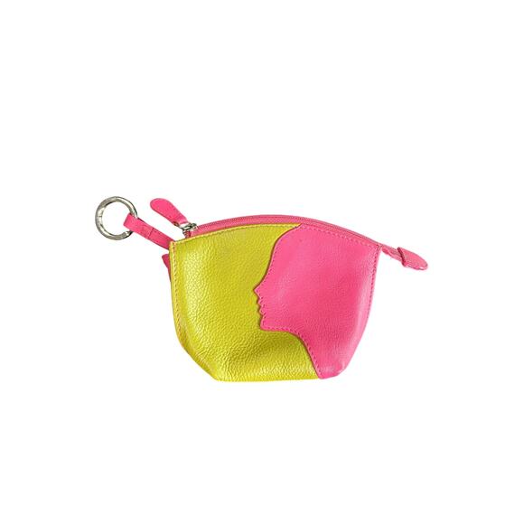ILI Leather- mini keychain wallet pouch- green hot pink- lady silhouette- zips - Picture 6 of 6